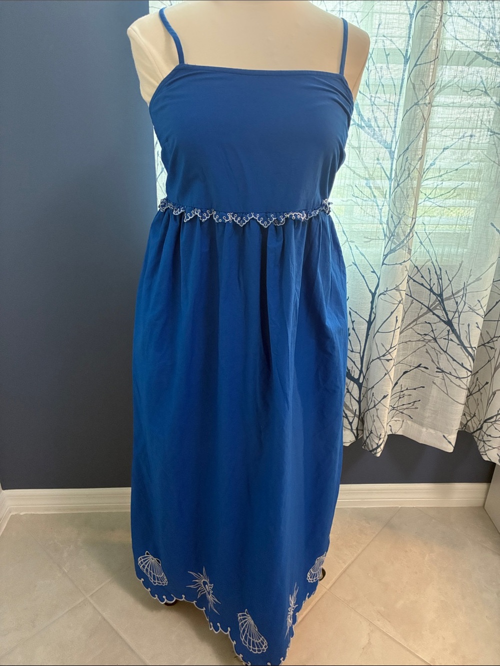 Japna Blue Spaghetti-Strap Maxi Dress with Embroidered Hem